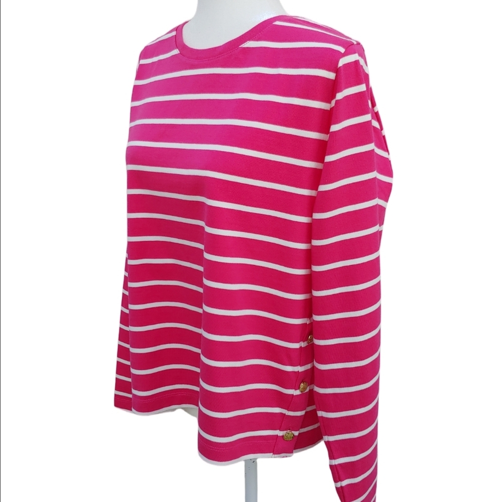 J.Crew Factory Pink Striped Top with Side Button Detail Women's Large NWOT